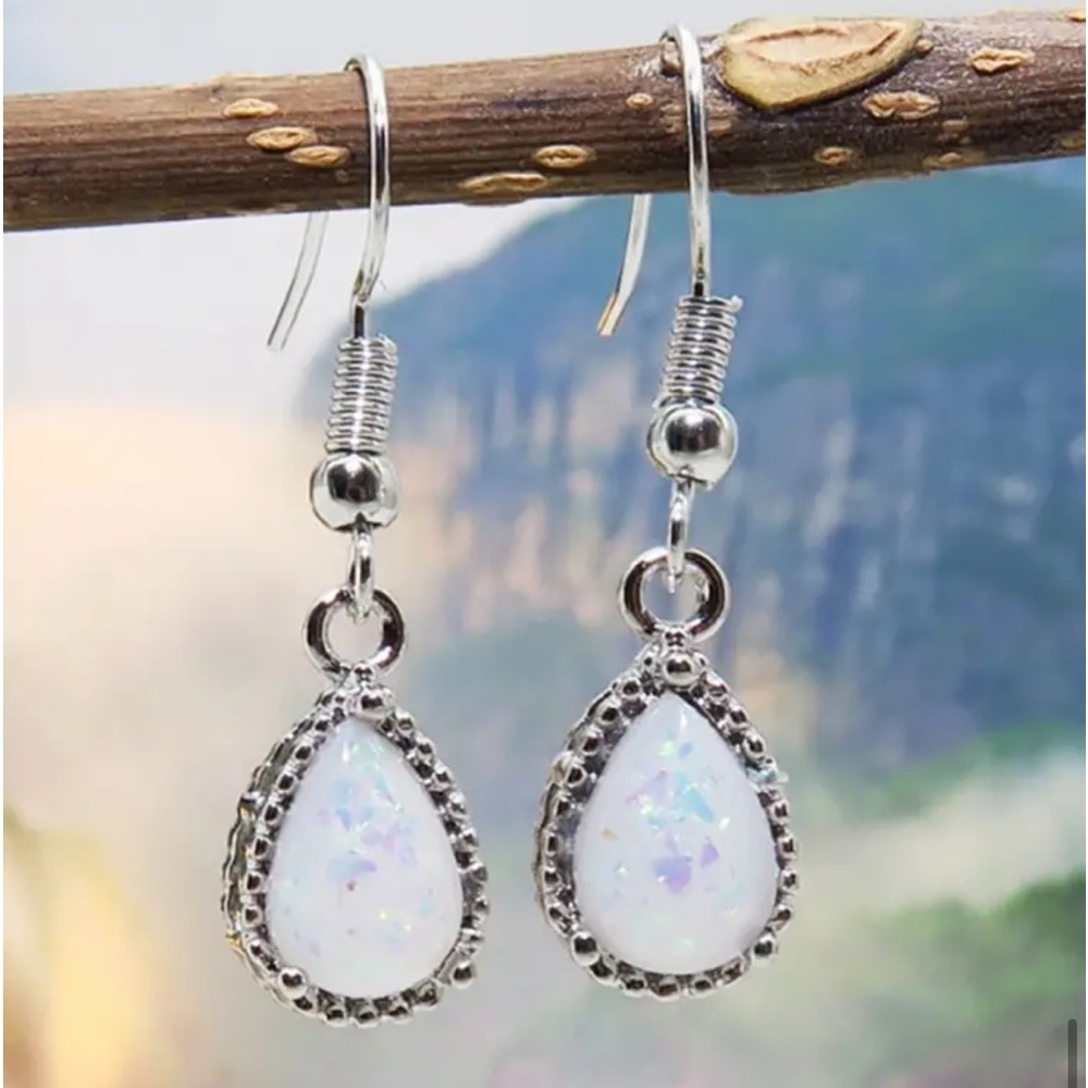 New Silver Teardrop Opal Earrings